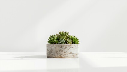 Group of succulent plants in concrete containers on a white background, ideal for urban gardening or plant care visuals