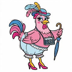 Cartoon chicken dressed in stylish outfit holding camera and umbrella  