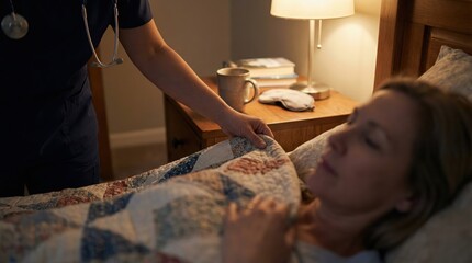 A healthcare professional comforting a patient lying in bed with a colorful quilt, bedside table with a lamp and mug