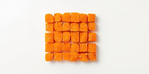Set of raw carrot cubes on white background, emphasizing plant-based ingredients and natural food textures