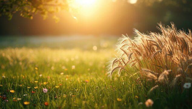 Sunlit field of grass and wildflowers with ears of grain during summer days, ideal for editorial header backgrounds