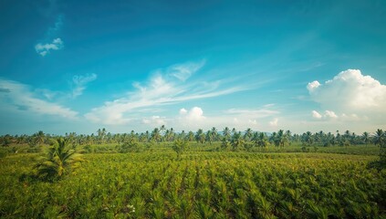 Obraz premium Top-down shot of lush palm trees with vibrant sky background, focusing on crop cultivation, Earth Day