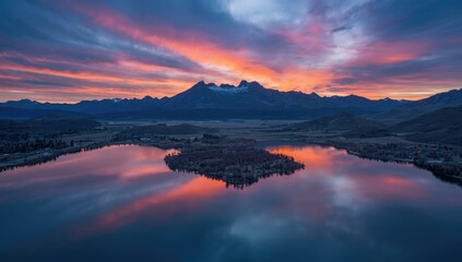 Drone shot capturing a mountainous region with a lake beneath a twilight sky, highlighting natural geography