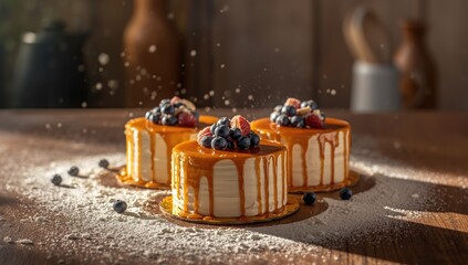 Bakery cake decorated with caramel glaze and fresh blueberries, suitable for menu presentation