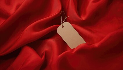 Solid red textile backdrop featuring a blank tag for apparel branding, ideal for product presentation