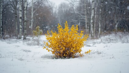 Winter scene of a deciduous leguminous shrub, Scotch broom, emerging from snow, seasonal change