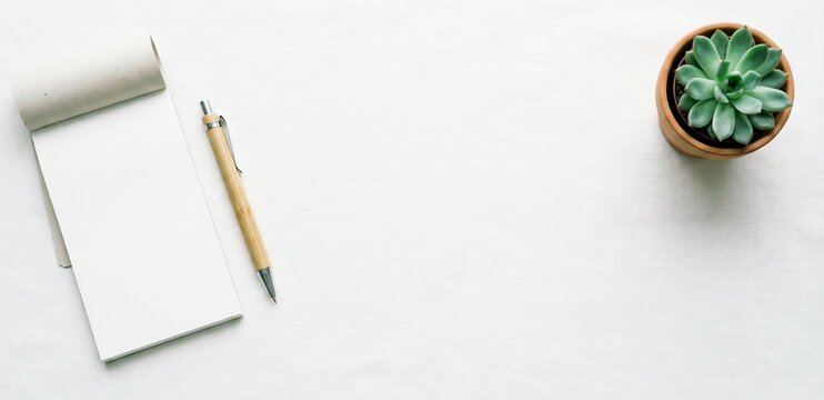Minimalist desk setup with a blank notepad, pen, and a small succulent plant