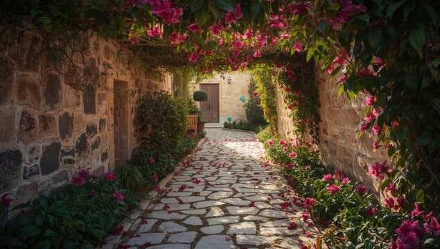 Serene garden scene featuring a charming stone walkway, blooming pink bougainvillea, and scattered petals, seasonal change