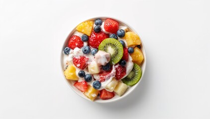 Fresh fruit salad with yogurt in a bowl, highlighting nutritious breakfast choices