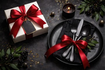 Elegant gift wrapped with scarlet ribbon paired with black dining tool arrangement