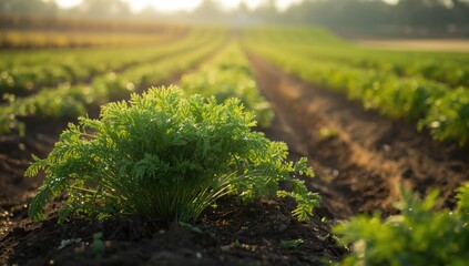 Vegetable crops with leafy tops in a cultivated field, emphasizing sustainable farming practices