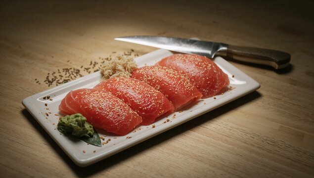 Fresh seafood including raw tuna sashimi, suitable for raw consumption and presentation