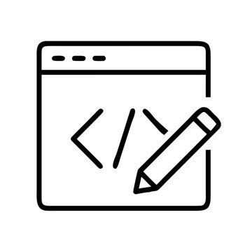 Icon depicting computer code within a browser window, with an adjacent pencil
