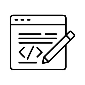 Outline icon depicting coding and development with a pencil for editing