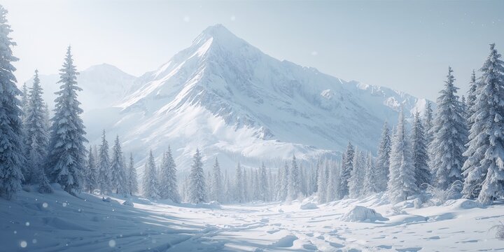 Snowy mountain scene with dense pine and fir trees, highlighting natural preservation - Powered by Adobe