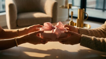 Two hands exchanging a gift wrapped with a pink ribbon in a cozy indoor setting
