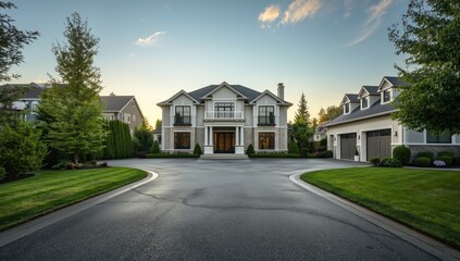 Naklejka premium Modern residential home featuring a well-maintained lawn, double garage doors, and spacious driveway, focusing on home maintenance