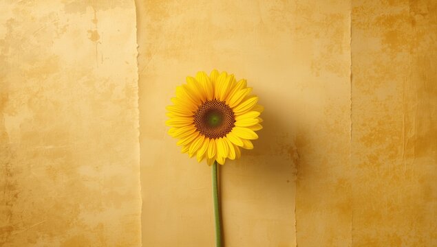 Text layout background with a distressed paper texture, a vibrant sunflower, and open space for headlines
