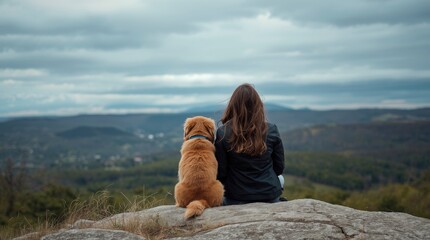 A serene and heartwarming outdoor scene unfolds as an individual and their loyal canine companion sit together, backs to the viewer, atop a rugged rock formation. They gaze out across a breathtaking p