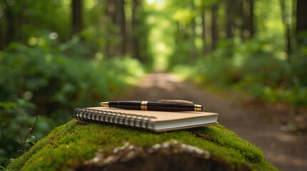 A serene and inspiring scene featuring a sleek black and gold pen resting on a spiral-bound notebook, thoughtfully placed on a vibrant, moss-covered log. The tranquil setting is enhanced by the soft, 