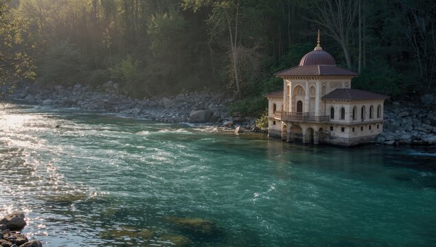 Ancient Islamic house close to a water body in Bosnia and Herzegovina, highlighting architectural heritage amidst spring season, travel