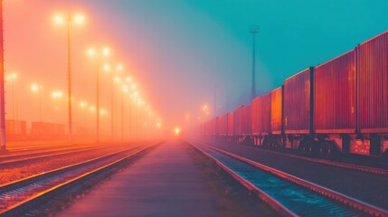 Foggy evening at a train yard with brightly lit lamps and cargo containers