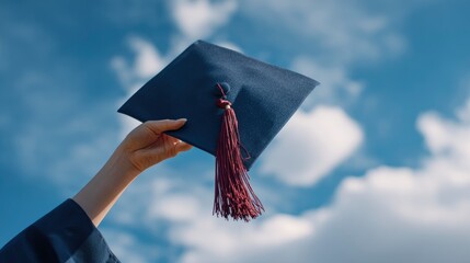 A person's arm, clad in a graduation gown sleeve, reaches proudly upwards, holding a classic dark blue mortarboard cap adorned with a vibrant red tassel against a serene backdrop of a bright blue sky 