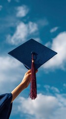 A person's hand confidently holds a dark blue graduation cap, adorned with a vibrant red tassel, reaching upwards towards a vast, clear blue sky dotted with soft white clouds. This visually uplifting 