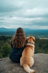 A person with long, wavy brown hair sits comfortably beside their loyal golden-furred canine companion, both gazing intently at a sprawling, majestic landscape. Perched on a rugged rock formation, the