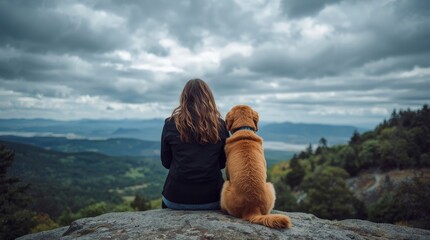 A person with long, flowing hair and their loyal golden canine companion are captured from behind, sitting serenely on a rugged rock outcrop. They gaze out over a breathtaking panoramic vista of rolli