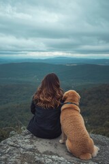 A person with flowing hair and their faithful golden-coated dog sit side-by-side on a rugged rock, contemplating a vast, misty mountain range stretching into the distance under a dramatic cloudy sky. 