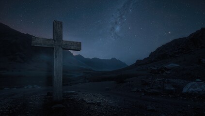 Religious cross standing near an empty tomb, highlighting spiritual reflection for Easter
