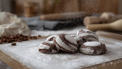 Unbaked marble cookies with chocolate and powdered sugar on a silicone mat, highlighting baking process,