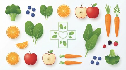 Colorful assortment of fresh fruits and vegetables with a heart-shaped health symbol