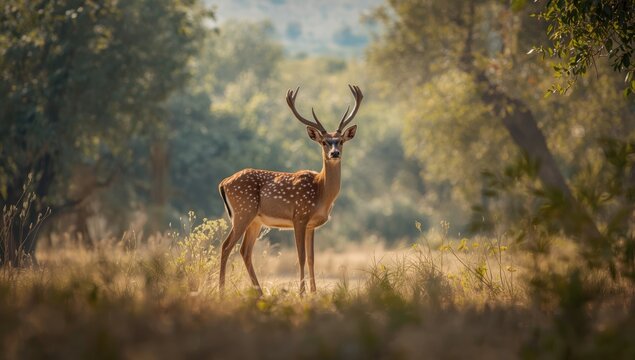 Group of axis deer moving through a safari park landscape in central Israel, highlighting habitat preservation