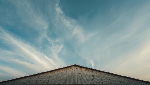 Rusty barn roof with cloudy sky backdrop, highlighting corrosion and structural integrity considerations - Powered by Adobe