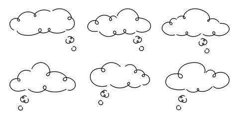 Hand drawn thought bubbles cloud set. Doodle thinking clouds for ideas imagination brainstorming comics sketch style simple black line illustration collection