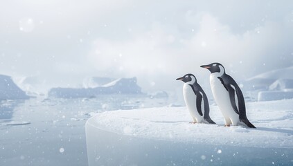 Fototapeta premium Gentoo penguins standing on ice, illustrating species survival in polar regions