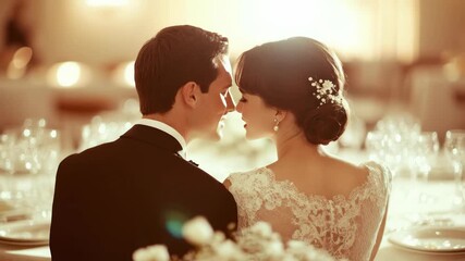 Elegant bride and groom share a tender, romantic, intimate moment, their profiles close, celebrating at a vintage wedding party, bathed in warm, nostalgic, golden glow.
