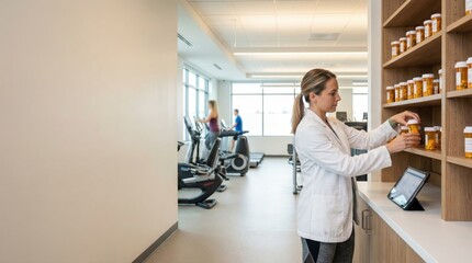 Professional in white lab coat selecting medication from a wooden shelf in a modern medical facility with exercise equipment visible in the background