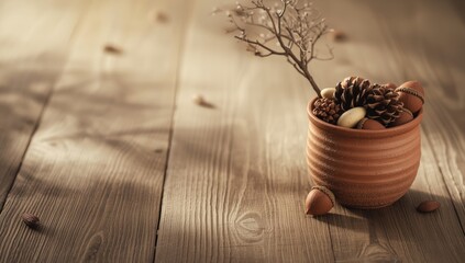 Clay container holding pinecones and acorns on wood, natural materials for rustic decor