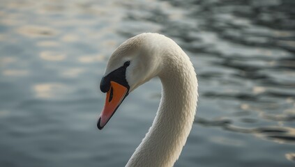 Fototapeta premium Headshot of a swan featuring distinctive orange beak and curved neck, set against river water, highlighting wildlife observation