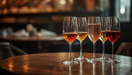 Naklejka premium Multiple wine glasses on a rustic wooden surface, ideal for wine sampling