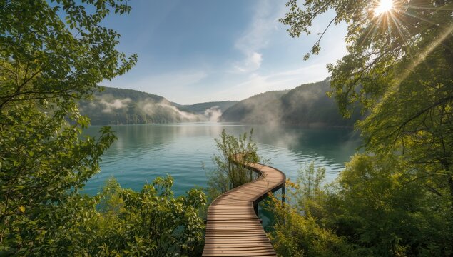 Plitvice Croatia lake with wooden pathway amid water and forest during summer, nature conservation focus - Powered by Adobe