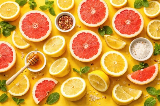 Bright yellow backdrop featuring an assortment of sliced grapefruit and lemon highlighting fresh citrus for cooking