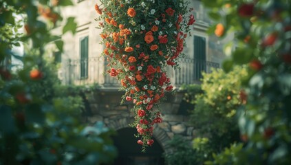 Garden decor with hanging pot and vibrant foliage, designed for outdoor planting and aesthetic enhancement