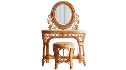 Elegant vintage rattan vanity table set featuring an oval mirror and matching cushioned stool on transparent background