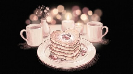 Fototapeta premium Delicate heart-shaped pancakes with berries on a plate surrounded by steaming mugs and lit candles