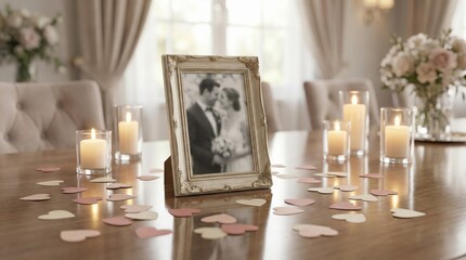 Romantic table setting with framed vintage wedding photo, candles, and heart confetti