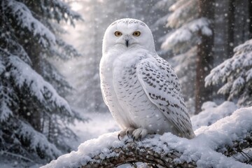 Graceful snowy owl perched in quiet snow laden forest manifesting wisdom